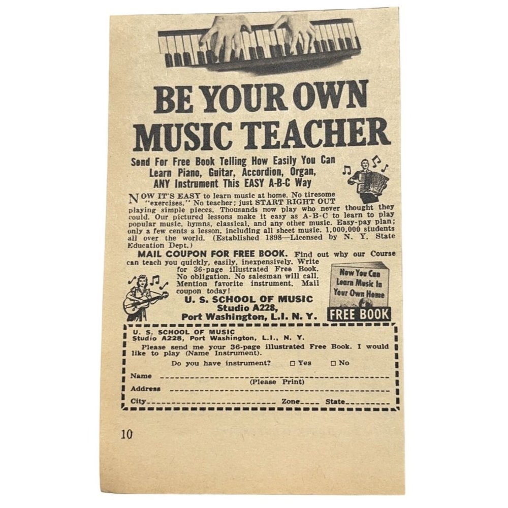 US School of Music Mini Print Ad Vintage 1963 Teach Yourself Port Washington NY